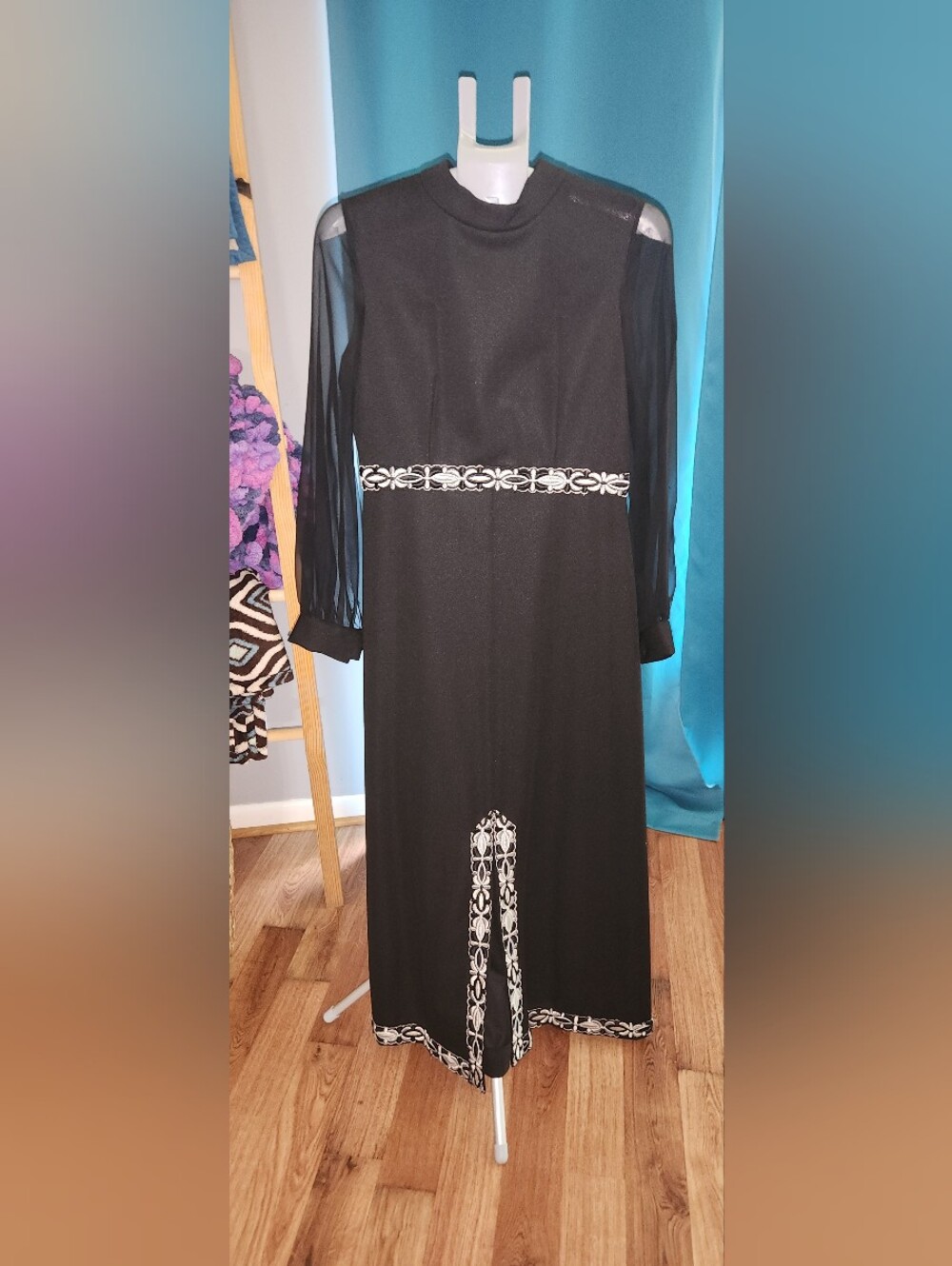 VTG 60S Black Long-Sleeve HOSTESS Maxi Dress with White Embroidered Trim